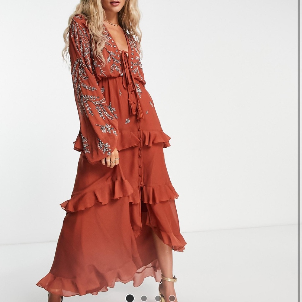ASOS Rust Embroidered Long Sleeve Ruffle Maxi Dress